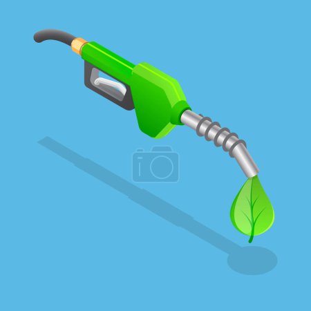 Icono plano isométrico 3D del vector del combustible Bio, gasolinera verde