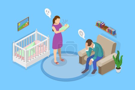 3D Isometric Flat Vector Illustration of Depressed Parents, Postnatal Anxiety