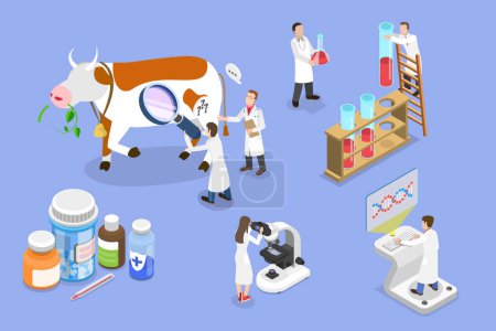 3D Isometric Flat Vector Illustration of Medical Checkup For Farm Animals, Animal Husbandry Healthcare