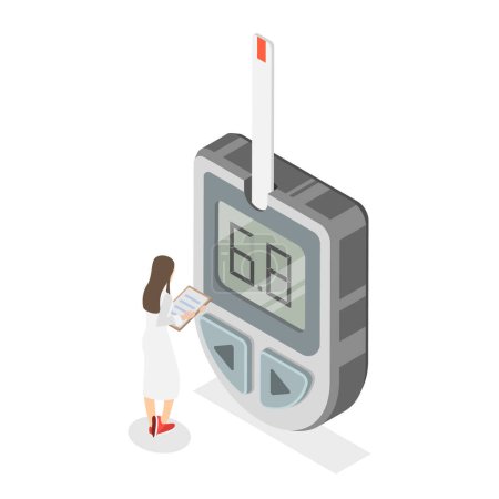 3D Isometric Flat Illustration of Blood Sugar Test, Measuring Glucose in Blood with Glucometer. Item 3