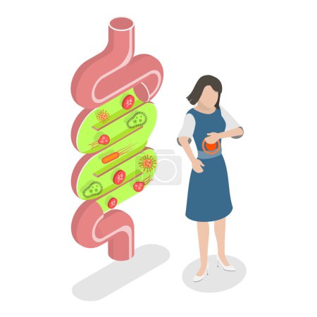 3D Isometrische flache Illustration von guten und schlechten Darmbakterien, Darmflora, Verdauungstrakt-Mikroorganismen. Punkt 1