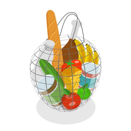 Ilustración plana isométrica 3D de bolsas de compras, diferentes conjuntos de comestibles. Punto 3