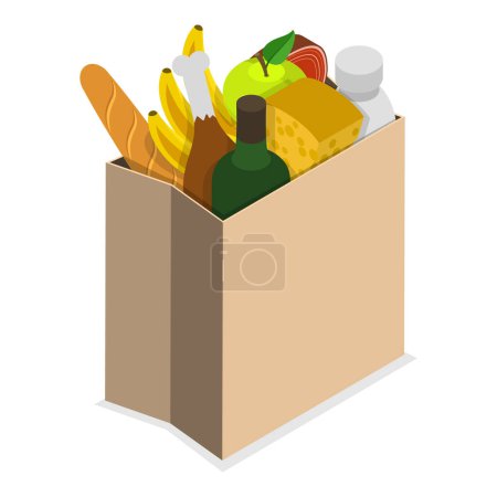 3D Isometric Flat Illustration of Shopping Bags, Different Grocery Sets. Item 6