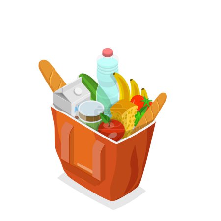3D Isometrische flache Illustration von Einkaufstaschen, verschiedene Lebensmittelsets. Punkt 1