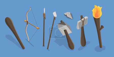 3D Isometric Flat Vector Set of Stone Age Tools, Prehistoric Weapons