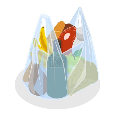 Ilustración plana isométrica 3D de bolsas de compras, diferentes conjuntos de comestibles. Partida 2