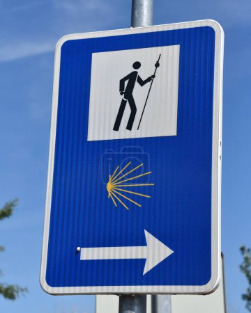 Photo for Puente la Reina, Spain - 31 Aug, 2022: Signpost marking directions for pligrims on the El Camino de Santiago footpath - Royalty Free Image
