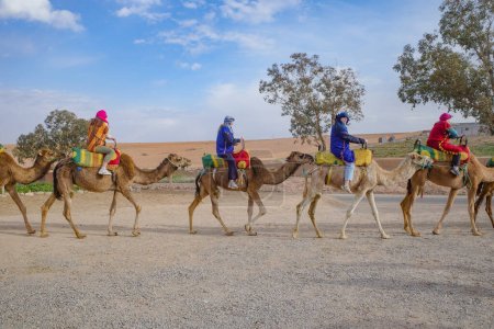 Photo for Marrakech, Morocco - Feb 22, 2023: Tourists ride Dromedary camels through the Agafay desert - Royalty Free Image