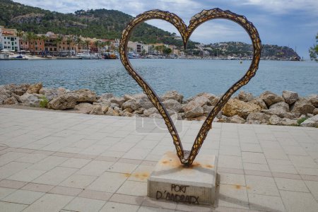Port D'Andratx, Spain - 7 May, 2023: Heart Sculpture in Port d'Andratx marina, Mallorca