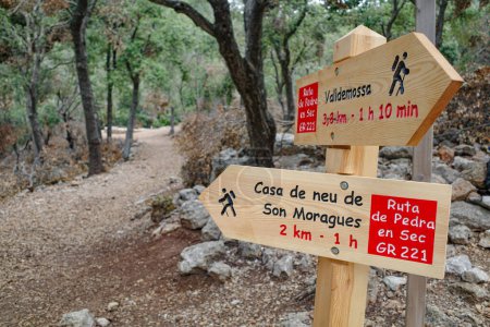 Photo for Valldemossa, Spain - 11 June, 2023: Signpost on the GR221 Trail in Mallorca's Tramuntana Mountains - Royalty Free Image