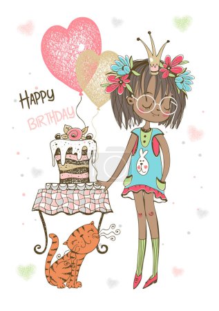 Téléchargez les illustrations : Carte d'anniversaire avec jolie fille avec gâteau et ballons. Vecteur - en licence libre de droit