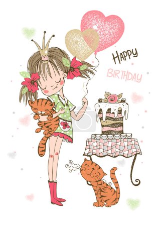 Téléchargez les illustrations : Carte d'anniversaire avec jolie fille avec gâteau et ballons. Vecteur - en licence libre de droit