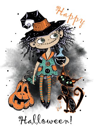 Illustration for A cute little witch with a cat and a pumpkin with a magic potion. Halloween. Vector. - Royalty Free Image