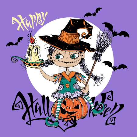 Illustration for Cute little witch with pumpkins and bats. Halloween. Vector. - Royalty Free Image