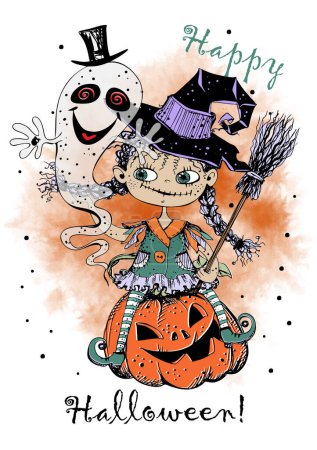 A cute little witch with a pumpkin and a ghost. Halloween. Vector.