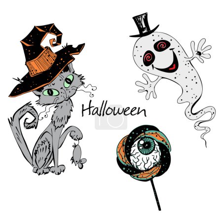 Illustration for Decorative elements for Halloween. A cat in a witchs hat with a ghost, a lollipop with a horror eye. Vector. - Royalty Free Image