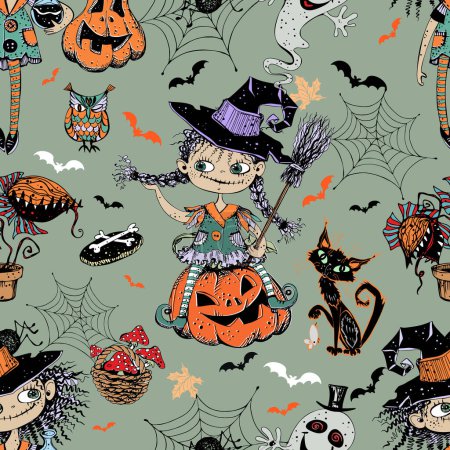 Illustration for Seamless pattern on Halloween theme with little girls witches pumpkins and various horror elements. Vector. - Royalty Free Image
