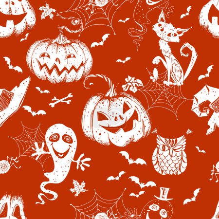 Illustration for Seamless Halloween-themed pattern with pumpkins and various horror elements. Vector. - Royalty Free Image