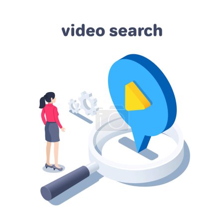 Téléchargez les illustrations : Illustration vectorielle isométrique sur fond blanc, une femme en sweat-shirt rouge se tient devant une loupe et une bulle de texte avec une icône vidéo, une recherche vidéo ou des cours vidéo - en licence libre de droit