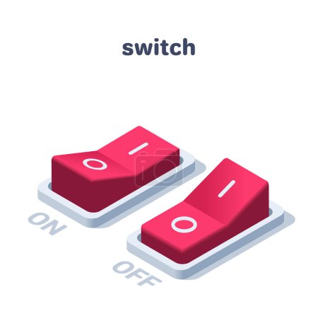 Téléchargez les illustrations : Isometric vector illustration on a white background, a switch in the form of a red button in the off and on state - en licence libre de droit