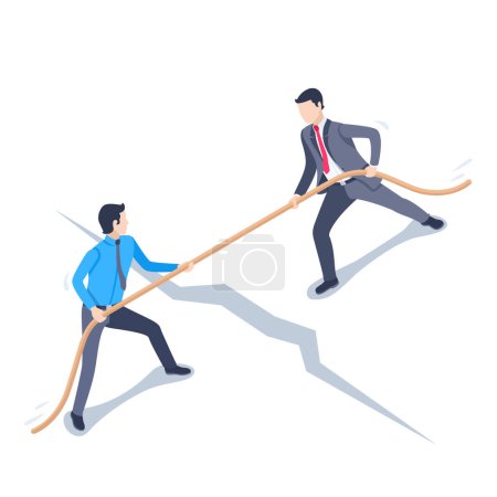 isometrische Vektordarstellung auf weißem Hintergrund, Männer in Businesskleidung ziehen das Seil jeweils zur eigenen Seite, geschäftliche Rivalität oder Interessenkonflikte