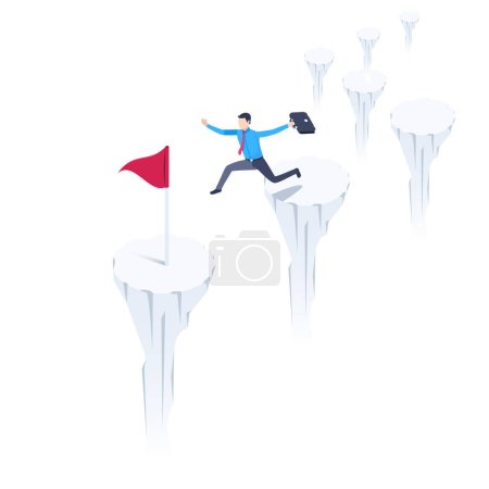 isometrische Vektorillustration auf weißem Hintergrund, ein Mann in Businesskleidung mit Aktentasche springt über eine Klippe zu einem mit einer Fahne markierten Ort und erreicht das Ziel