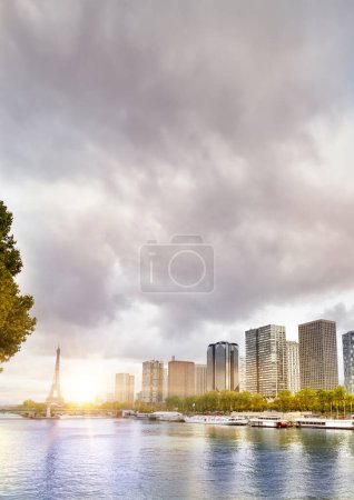 Photo for Eiffel Tower, Seine river and Statue of Liberty in Paris, France. Boats on Seine river. - Royalty Free Image