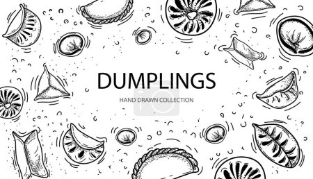 Téléchargez les illustrations : Dumplings top view frame. Food menu design template. Hand drawn vector illustration. Chinese dumplings. - en licence libre de droit
