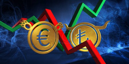 Photo for Bullish try to bearish eur currency. foreign exchange market 3d illustration of turkish lira to european euro. money represented  as golden coins - Royalty Free Image