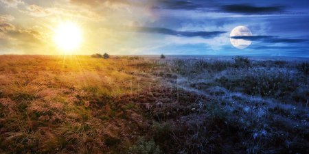 Téléchargez les photos : Jour et nuit changement de concept au crépuscule. prairies herbeuses de campagne carpatique sous un ciel avec soleil et lune. équinoxe d'été - en image libre de droit