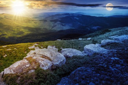 Photo for Landscape with white sharp boulders on the hillside near mountain peak with sun and moon at twilight. day and night time change concept. mysterious countryside scenery in morning light - Royalty Free Image