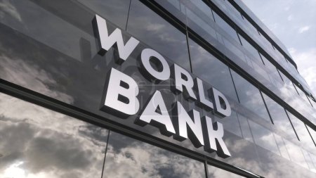 World Bank on glass building. Mirrored sky and city modern facade. Financial concept. 3d illustration.