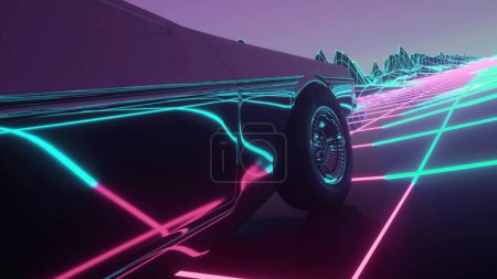 Photo for Car in neon cyberpunk style. 80s retrowave background animation. Retro futuristic car drive through neon city. 3d illustration. - Royalty Free Image