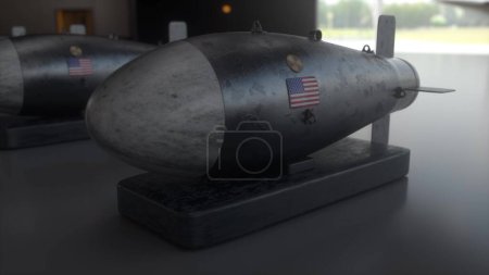 Nuclear Missile on the Background Flag of USA. Weapons of mass destruction. Nuclear, chemical weapons, radiation. 3d illustration.
