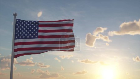 United States of America flag waving proudly in the wind with sun behind. 3d illustration.