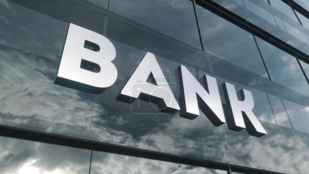 Bank sign on glass building. Mirrored sky and city on modern facade. Business and finance concept. 3d illustration.