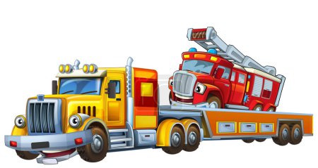 Cartoon-Szene mit Abschleppwagen, der mit Ladung fährt, anderes Auto Feuerwehr isolierte Illustration für Kinder