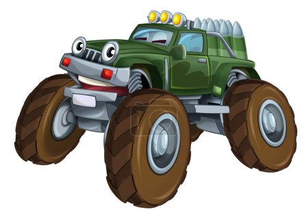 Photo for Cartoon happy and funny off road military truck looking like monster truck with bullets ammo smiling vehicle isolated illustration for children - Royalty Free Image