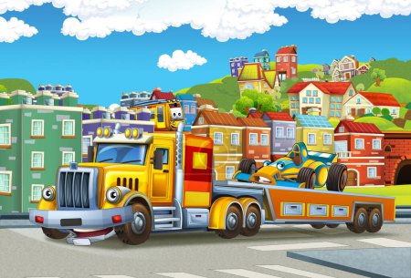 Cartoon scene with tow truck driving with load other car in the city illustration for children