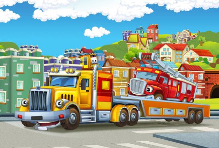 Cartoon scene with tow truck driving with load other car in the city illustration for children