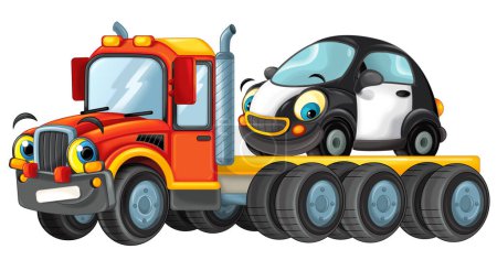 Cartoon-Szene mit Abschleppwagen, der mit Ladung fährt, anderes Auto isolierte Illustration für Kinder