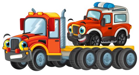 Photo for Happy cartoon tow truck driver and other vehicle car isolated on white illustration for children - Royalty Free Image