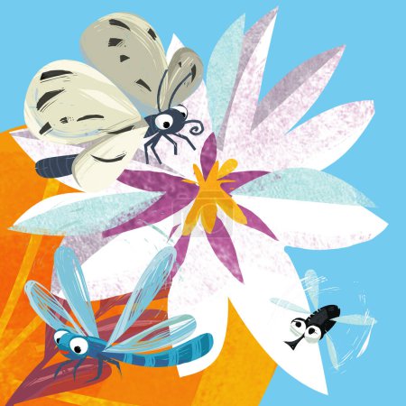 Téléchargez les photos : Scène de dessin animé avec drôle insecte insecte volant illustration pour les enfants - en image libre de droit
