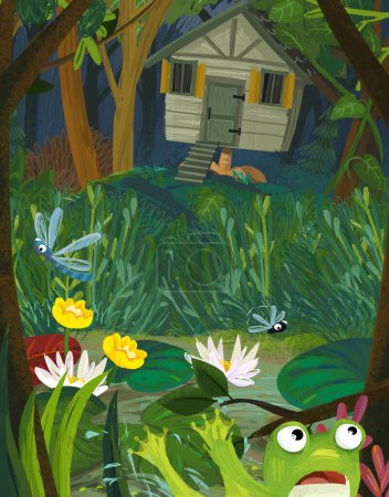 Foto de Feliz escena de dibujos animados con casa de brujas y rana y bichos divertidos insectos vuelo ilustración para niños - Imagen libre de derechos