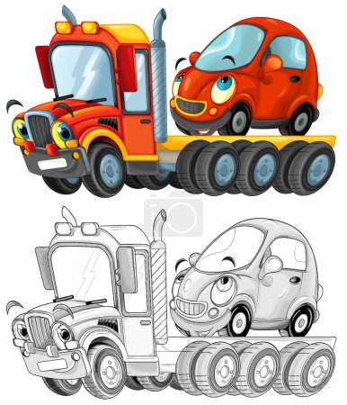 Lustige Cartoon Abschleppwagen Fahrer mit anderen Auto isoliert auf weißem Hintergrund Illustration für Kinder