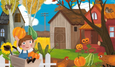 Foto de Escena rancho granja de dibujos animados con diferentes animales y calabazas ilustración para niños - Imagen libre de derechos