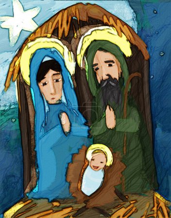 Foto de Ilustración de dibujos animados de la escena tradicional de la Sagrada Familia - ilustración para los niños - Imagen libre de derechos