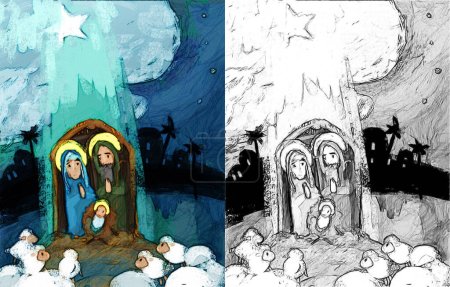Foto de Ilustración de dibujos animados de la sagrada familia escena tradicional con boceto - ilustración para los niños - Imagen libre de derechos