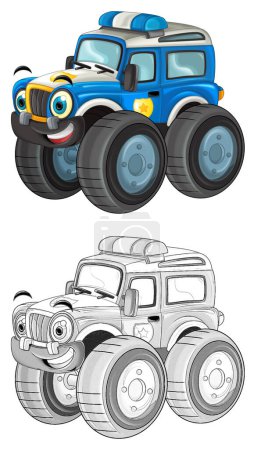 Téléchargez les photos : Scène de dessin animé avec hors route camion lourd voiture isolé avec croquis illustration pour les enfants - en image libre de droit