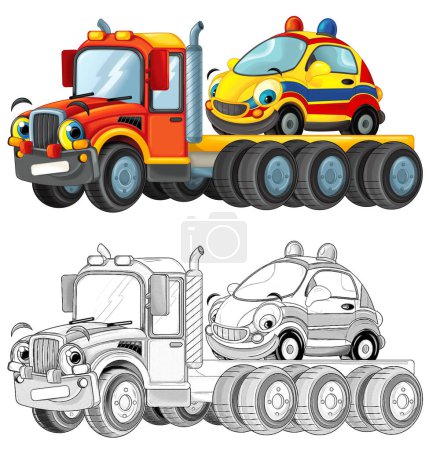 Cartoon-Szene mit Abschleppwagen, der mit Ladung fährt, anderes Auto isolierte Illustration für Kinder